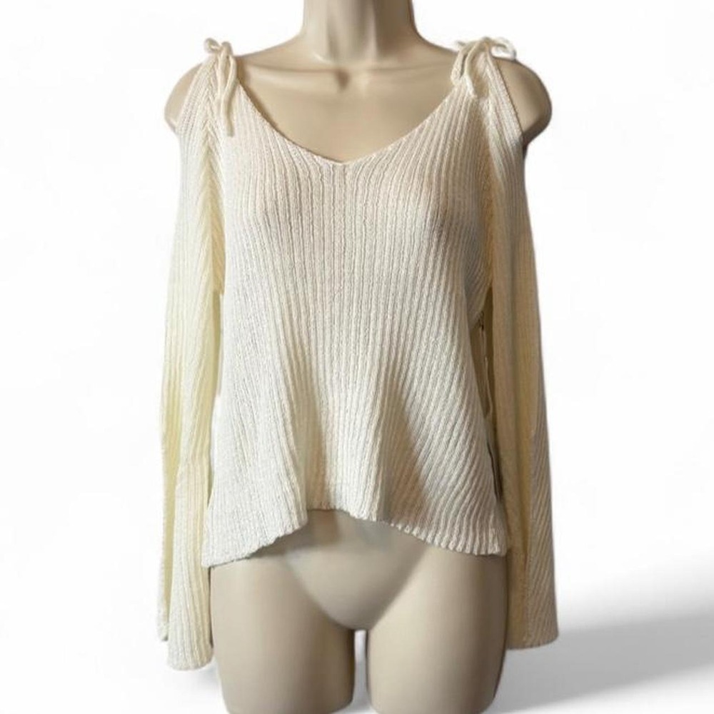 Lightweight Off White Shoulder Tie Sweater, Women's Size M